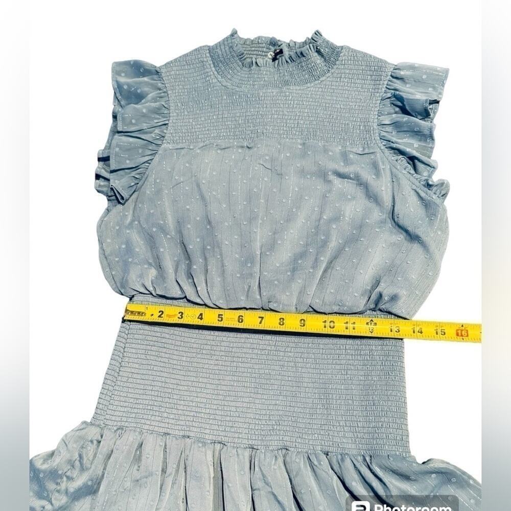 Aqua Ruffle Dress Smocked Short Sleeve Blue Swiss Dot Womens size Large - Picture 9 of 15